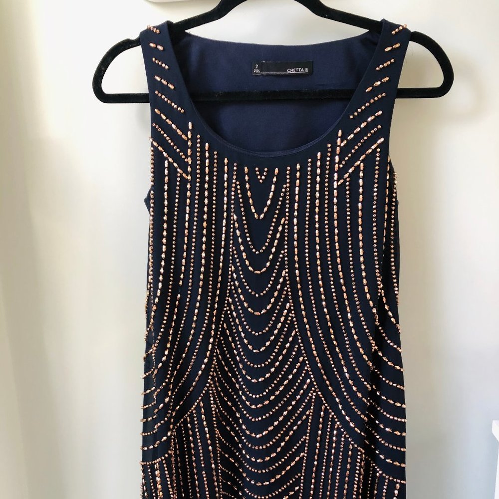 Navy Blue + Rose Gold Beaded A-Line Dress
